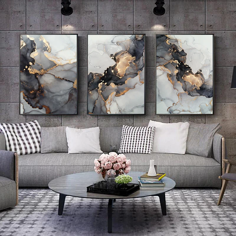 

Nordic Grey Golden Fluid Art Marble Texture Abstract Wall Art Canvas Poster And Print For Modern Home Living Room Decoration