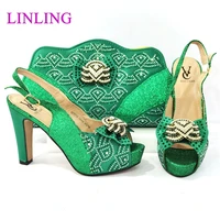 italian design hot selling sprical mature sandals style decoraiton high heels party women shoes and bag set in green color