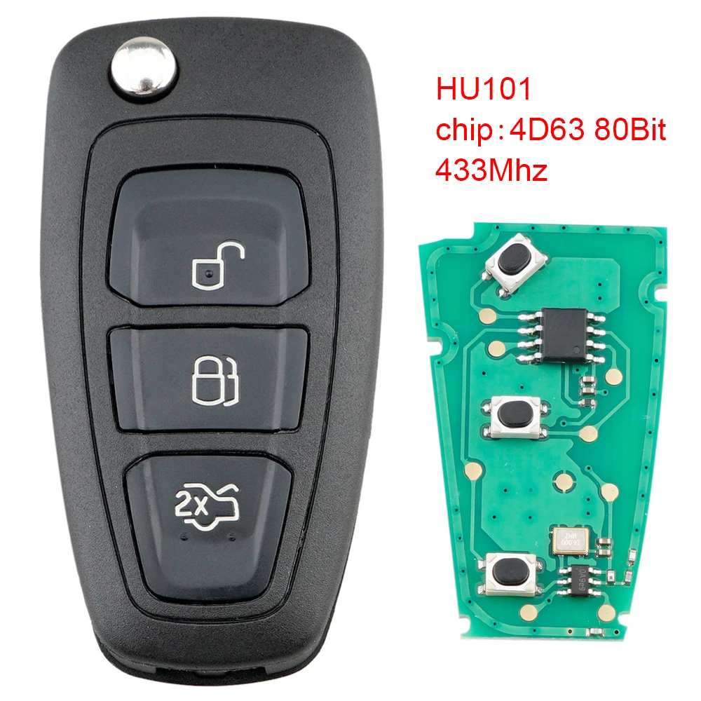 

433Mhz 3 Buttons ABS Flip Keyless Entry Fob Replacement with 4D63 80Bit Chip and HU101 Blade Fit for Ford Focus Fiesta New
