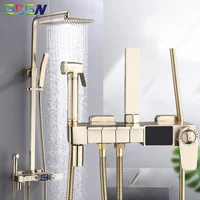 Brushed Gold Thermostatic Piano Shower Set Quality Brass Waterfall Bathroom Mixer Faucets Wall Rainfall Digital Shower Mixer Set
