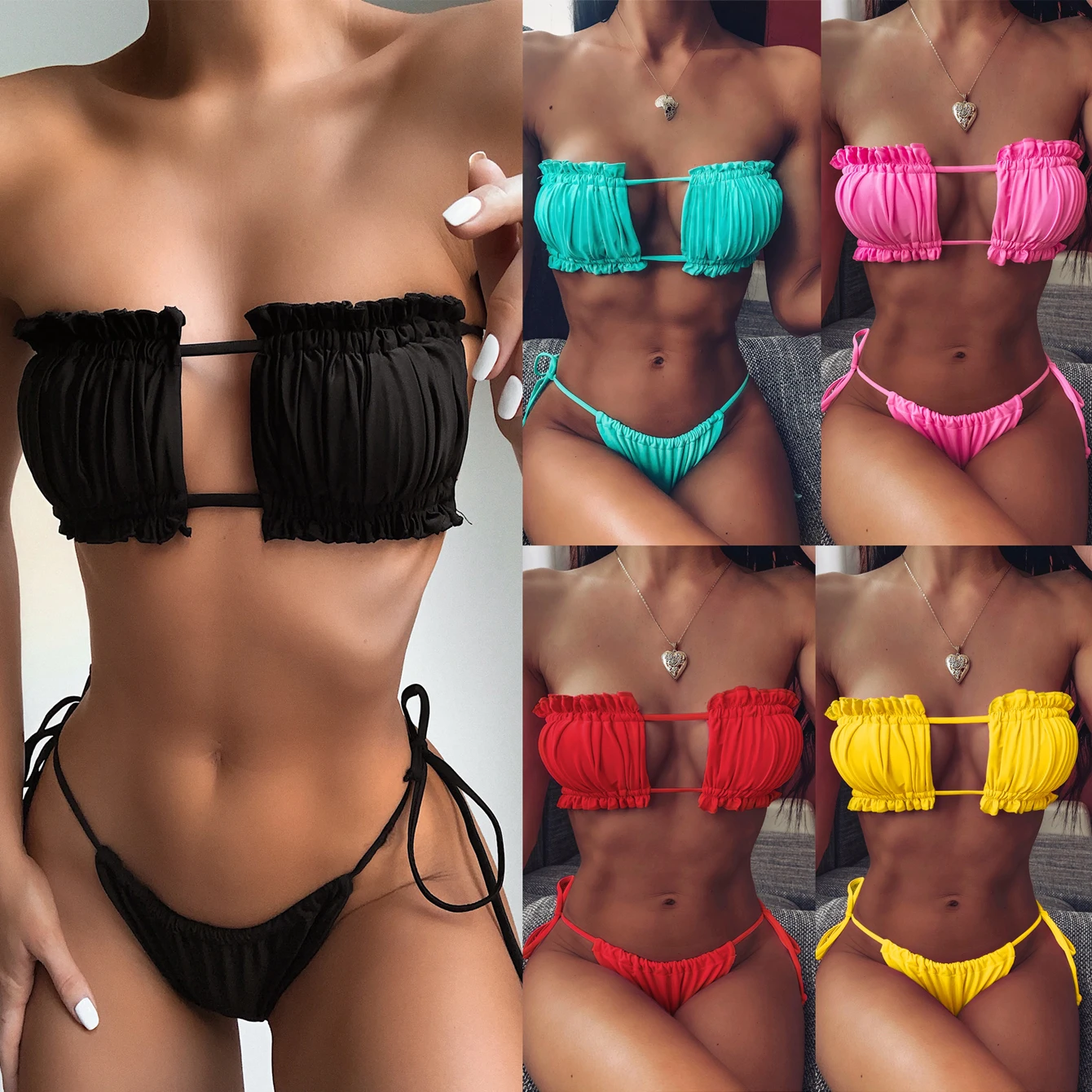 

Sexy Straples Ruffles Bandage Women Bikini Set Pure Color Sumwear New 2021Summer Push Up Padded Women Swimwear Bathing Suit
