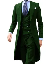 Blazer vert sur mesure pour homme, 3 pièces, veste longue + gilet + pantalon, costume de mariage avec revers, nouvelle collection  (2)