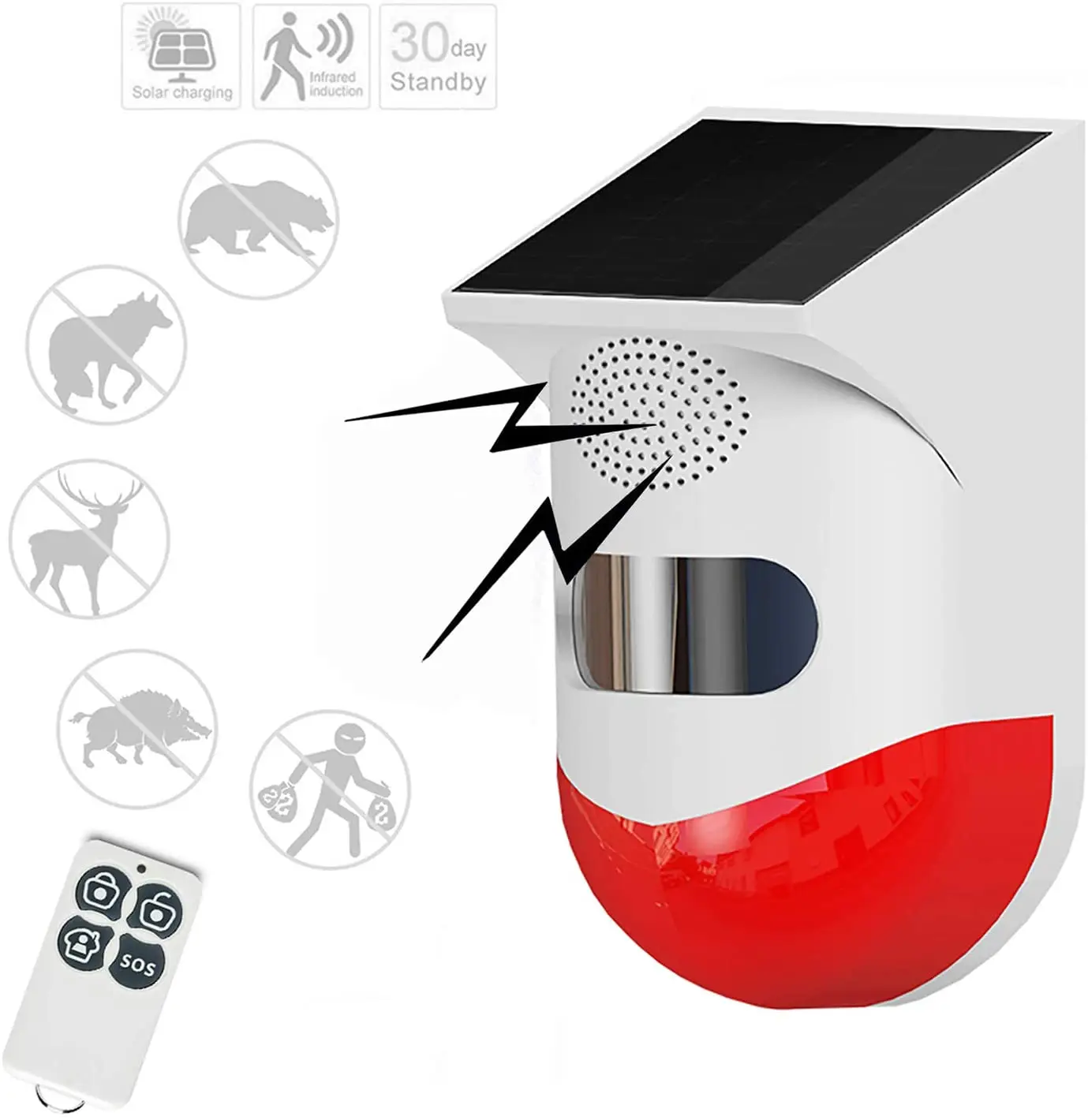 

Solar Sound & Strobe Light Alarm with Motion Detector 120db Sound Security Siren Light IP67 Waterproof for Home Farm Barn Villa