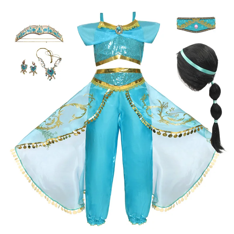 Princess Jasmine Costumes For Girls Cosplay Dress Up Kids Halloween Fantasy Top Pants 2pcs Set Lace Costume Sleeveless Dresses |