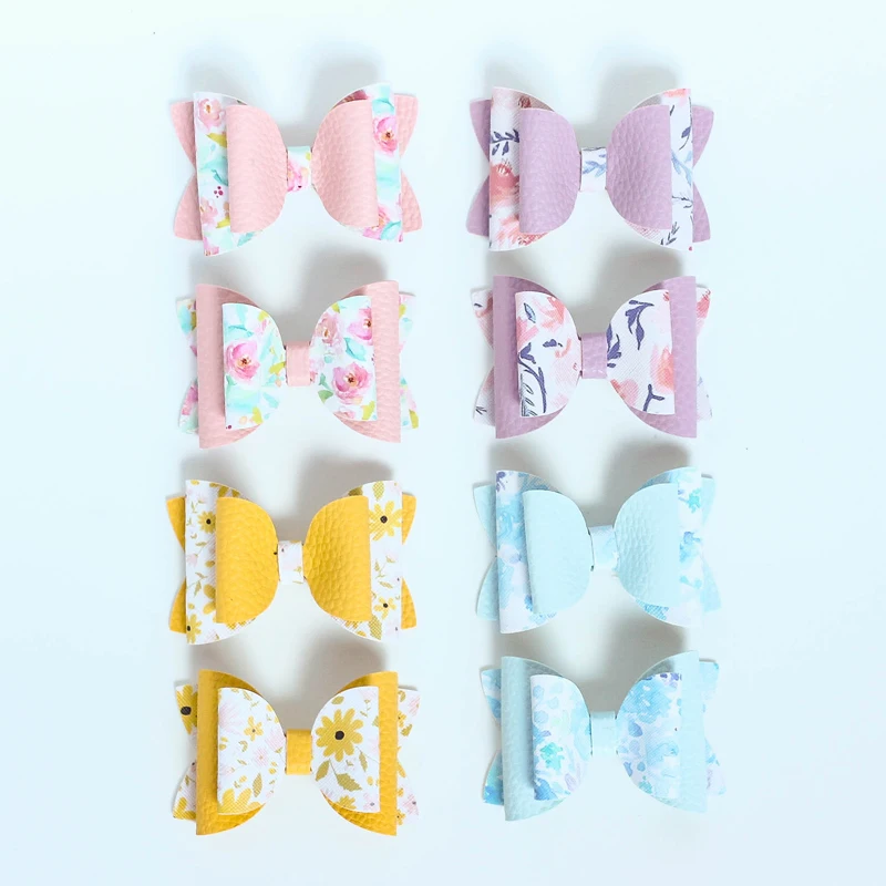 

2PCS Leather Mix Lovely Flower Print Bow Cute Side Hair Clips Hair Accessories Girls Kids Children Hairpins Headwear Barrettes