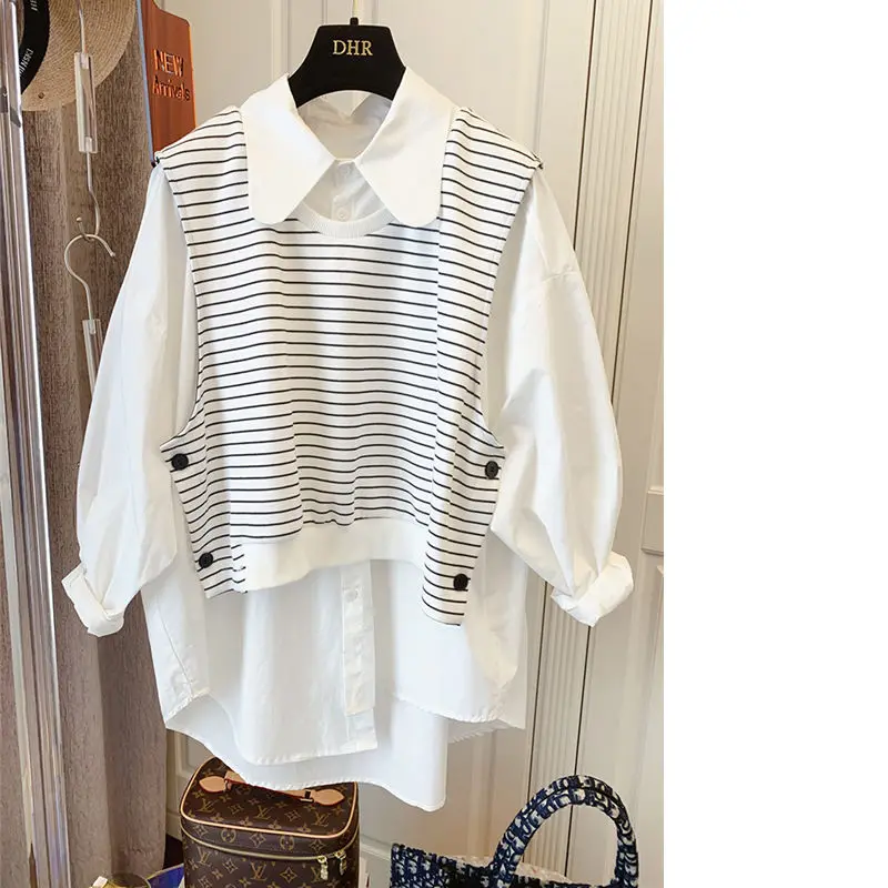 

2021 T-shirt stitching striped vest fake two loose casual medium length long sleeve shirt blouse