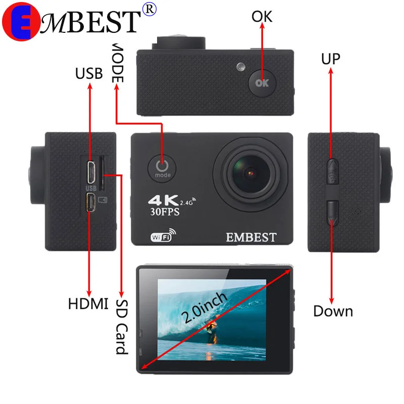 Спортивная Экшн-камера EMBEST 4K wifi с пультом дистанционного управления Ultra HD Водонепроницаемая подводная 30 м видеокамера 16MP 170 градусов широкоугольный