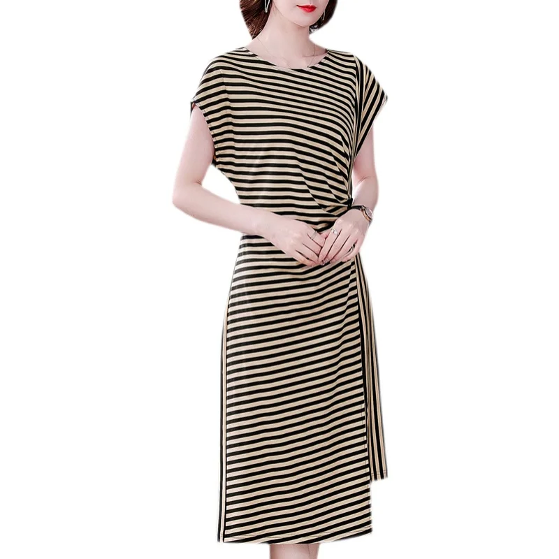 

Striped Print Dress Women 2021 Summer New Waist Mid-length Short-sleeved Holiday A-line Dresses for Women Party