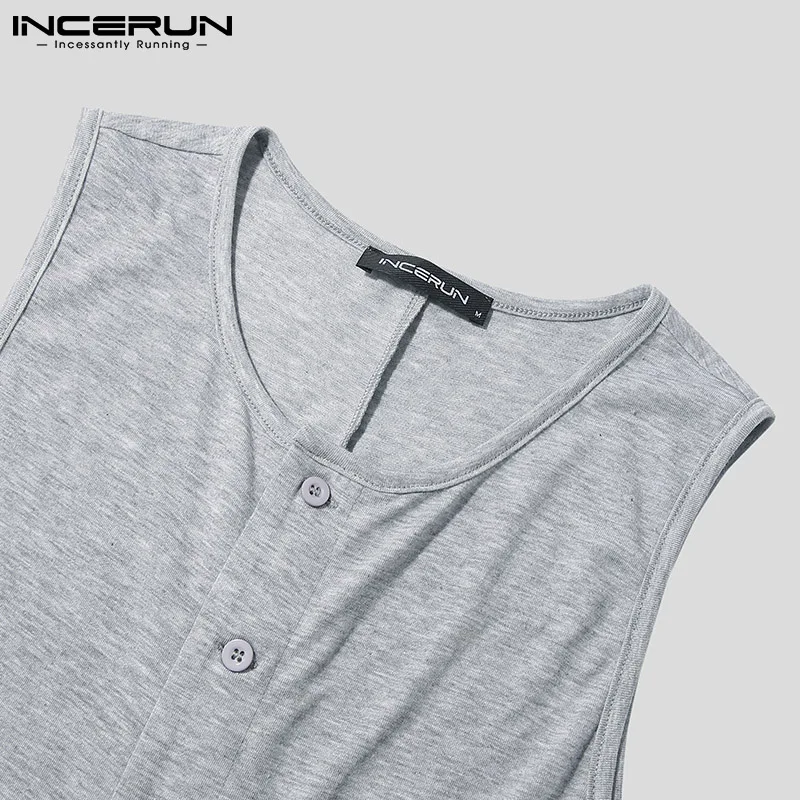 INCERUN Summer Men Pajamas Rompers Solid Color O Neck Sleeveless Homewear Jumpsuits Button Cozy Leisure Nightwear Men Playsuits