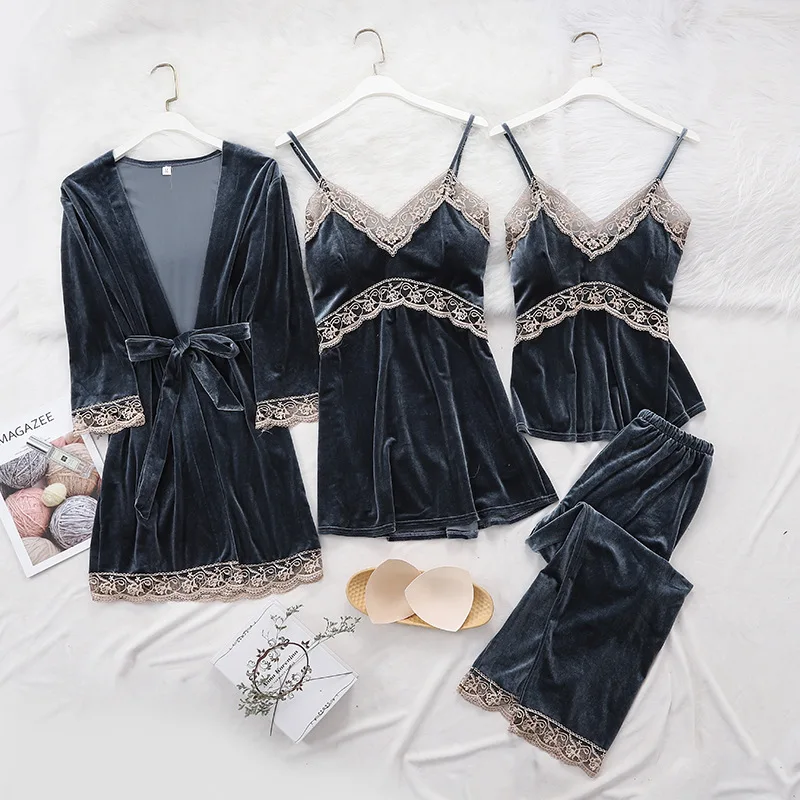 Женский комплект одежды для сна сексуальные пижамы золотой бархатный халат