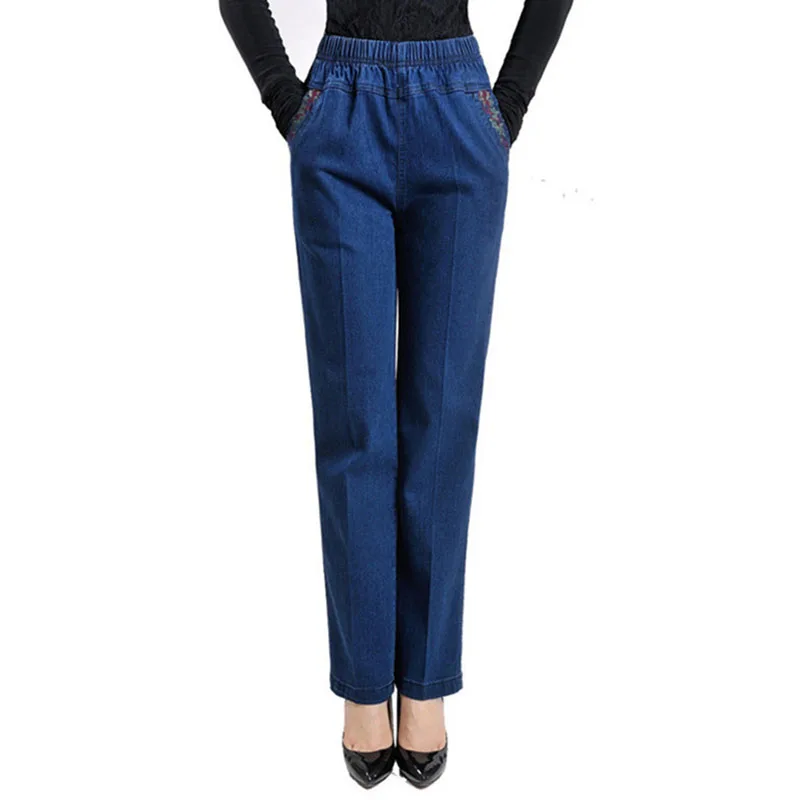

Jeans Mother Elastic Waist Embroidery Loose Straight Long Pants Middle-aged Women Casual Denim Trousers Spring Autumn Chic T699