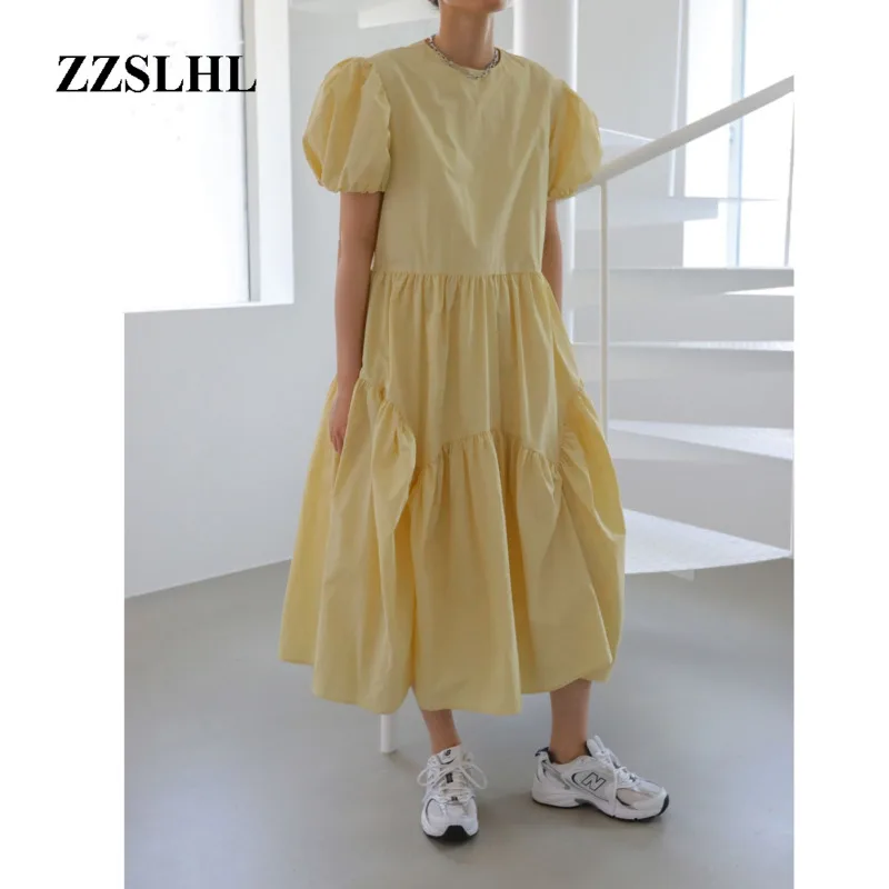 

2020 New Summer Fashion Women Big Hem Yellow Ruffles Dress Vintage Loose High Waist Elegant Folds Puff Sleeve Maxi Dresses