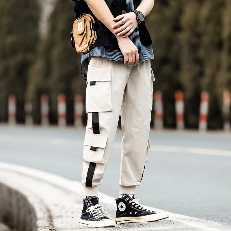 

Cargo Pants Joggers Men Harem Pants Multi-pocket Ribbons Man Sweatpants Streetwear Casual Pants Elastic Waist Male Trouser 2020