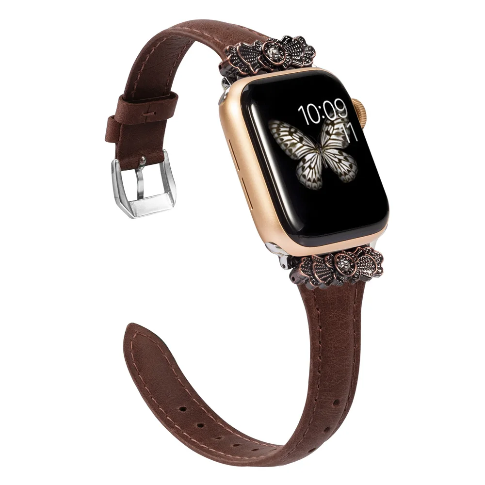 Coffee Кожаный ремешок для Apple Watch 38 мм 42 мм iWatch женский тонкий металлический с уникальным декоративным ремешком браслет для iwatch серии 4 3 2 1 - Цвет ремешка: Coffee