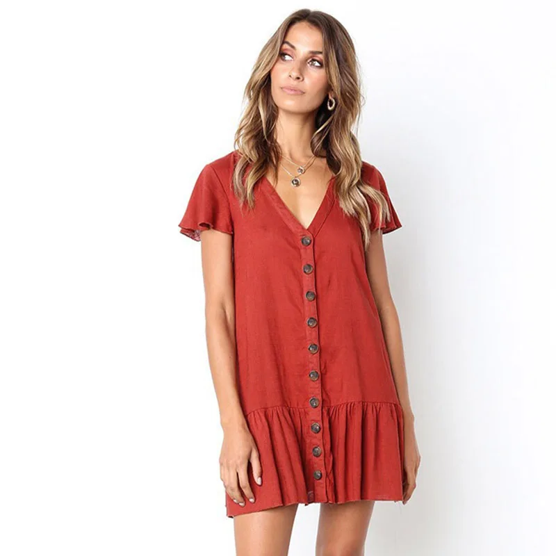 

Summer Women Short Sleeved Loose Single-breasted Woman Dress 2021New Leisure Fashion V-neck Cotton Linen Party Dresses Vestidos