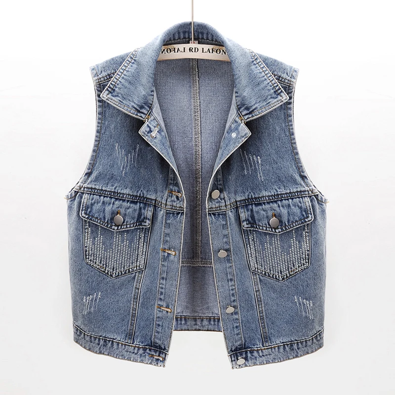 

Autumn Korean Diamond Big Pocket Frayed Denim Vest Women Wash Blue Waistcoat Sleeveless Jacket Coat Slim Short Jeans Vest Female