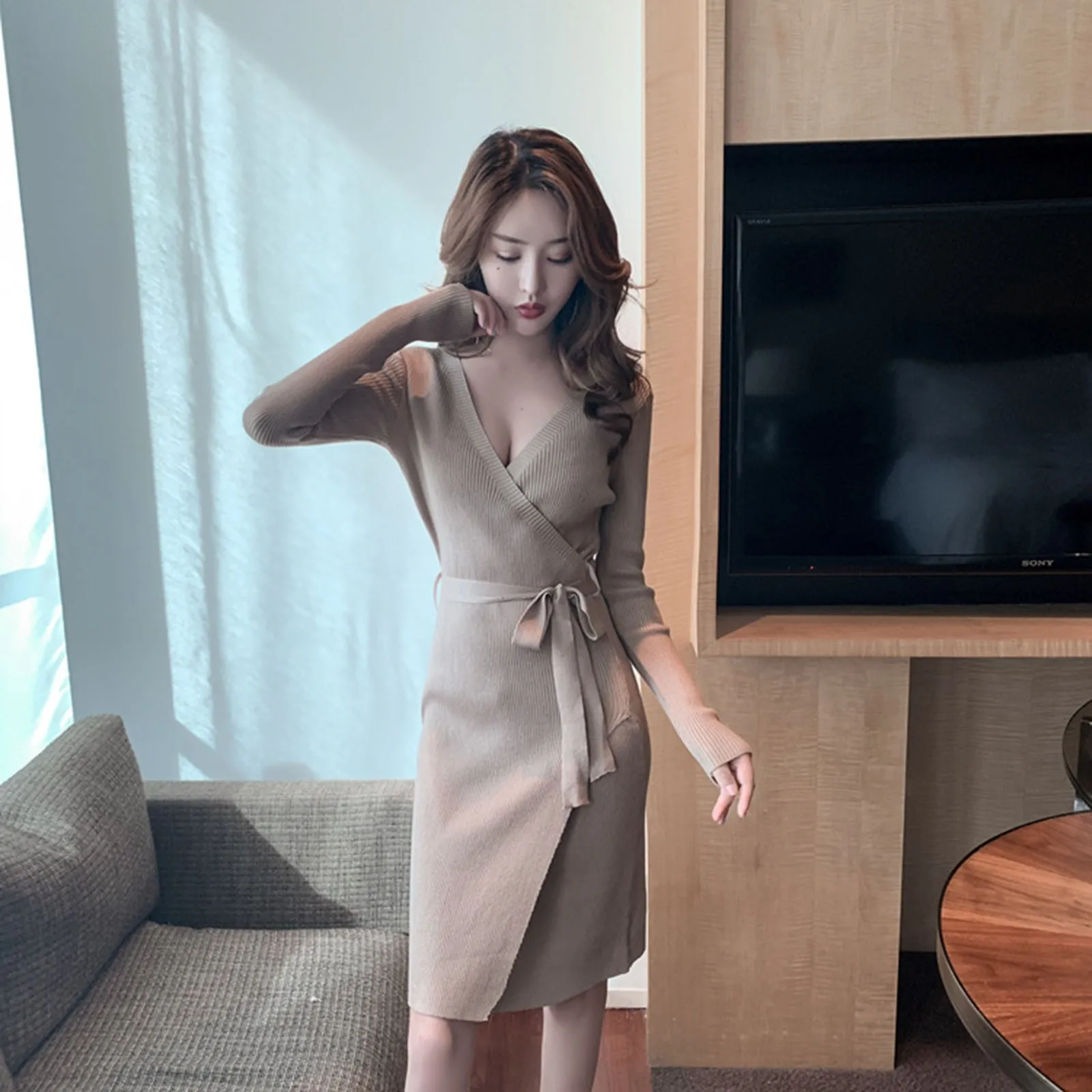 

Women's Sexy Deep V Neck Dress Temperament Long Sleeve Irregular Club Party Skirt Fashion Female Up Knitted Bottom Wrapped Dress