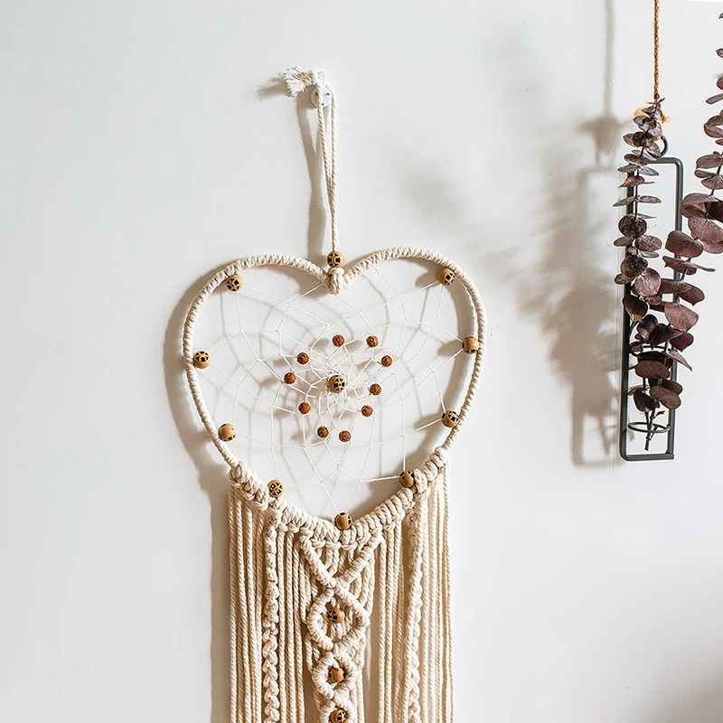 

Handmade Beige-Heart Design Woven Cotton Weaving Tapestry with Heart Pendant Boho Macrame Wedding Decoration Ornament Craft Gift