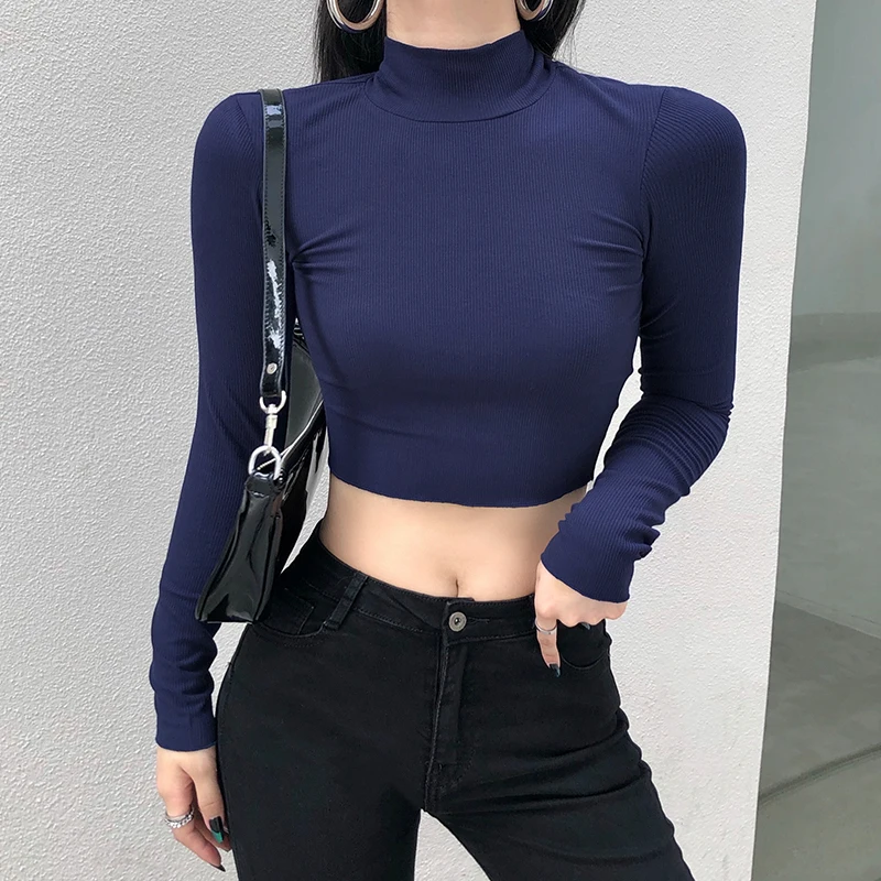 

Women's Sweater Rib Half High Collar Tight Fitting Solid Color Long Sleeve Undershirt for Female
