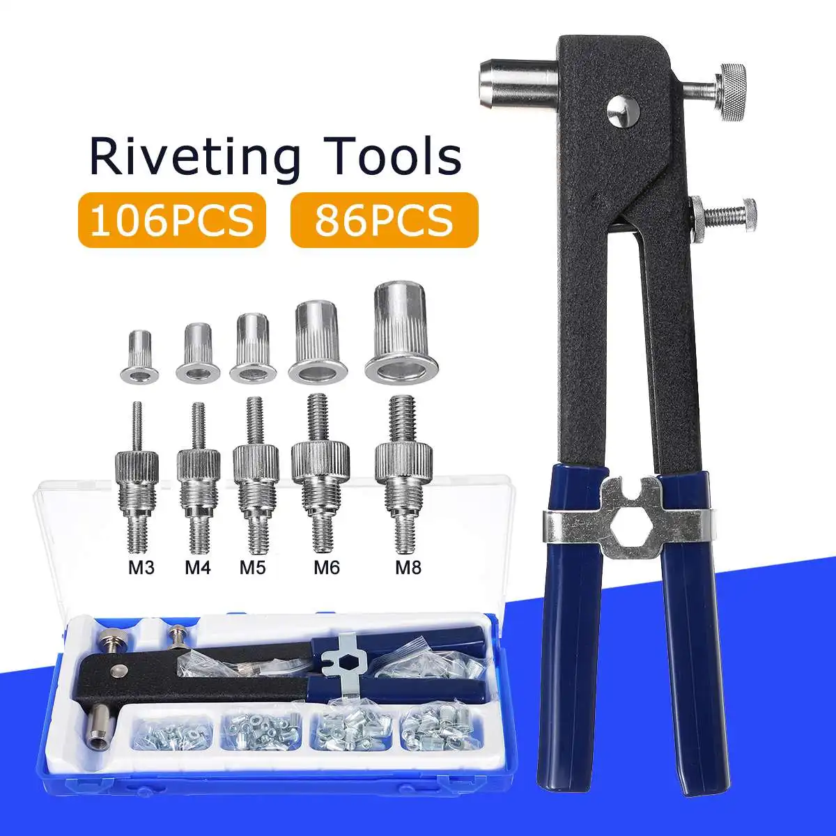 

106PCS Hand Riveter Nut Rivet Gun Kit Manual Threaded Nut Rive M3/M4/M5/M6/M8 Rivet Nut Riveting Tools
