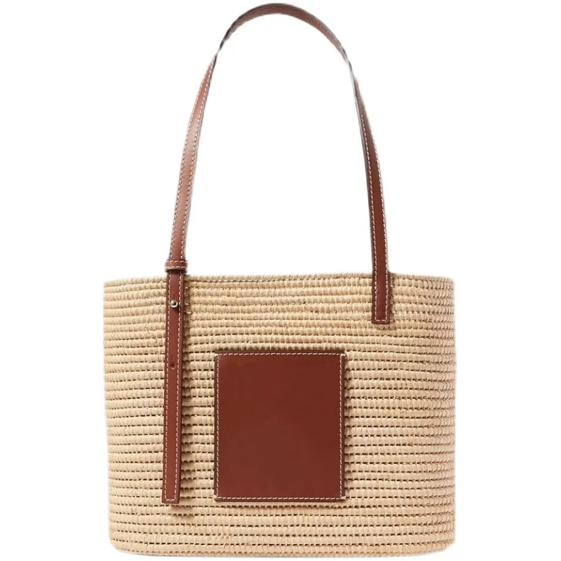 

Summer Straw Bags for Women Imported Raffia Real Leather Handmade Straw Bag Woven Vegetable Basket Shoulder Handbag NO Inner Bag