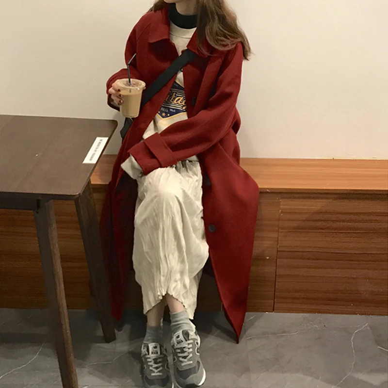 Женское шерстяное пальто средней длины черное для осени и зимы | Женская одежда