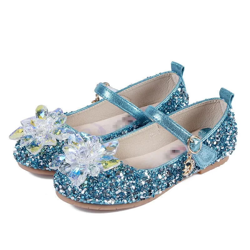 MUABABY Elsa Princess Sandals for Girls Glitter Flat Shoes Baby Crystal Snowflake Elza Shoes Halloween Dancing Party Accessories