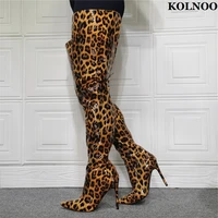 kolnoo new elegant women stiletto heel boots leopard leather pointy striper dance thigh high boots evening club fashion shoes