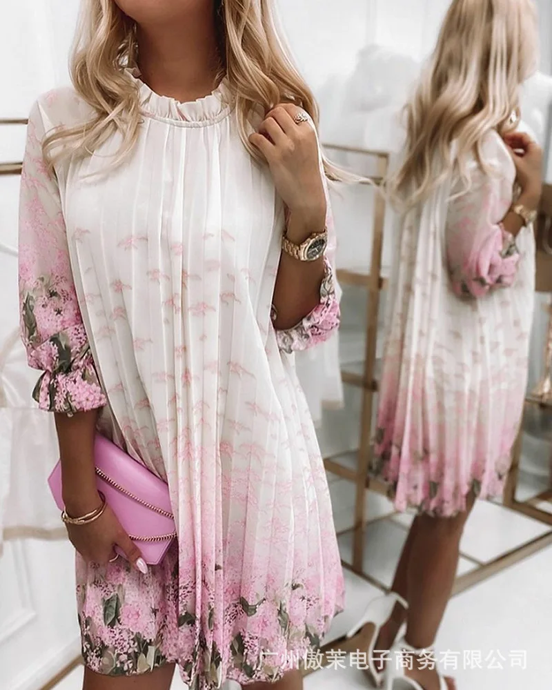 

Printed Dress Women's Clothing 2021 Autumn New Fashion Dress 7-sleeve Crimped Printing Dresses Casual Ladies Wear