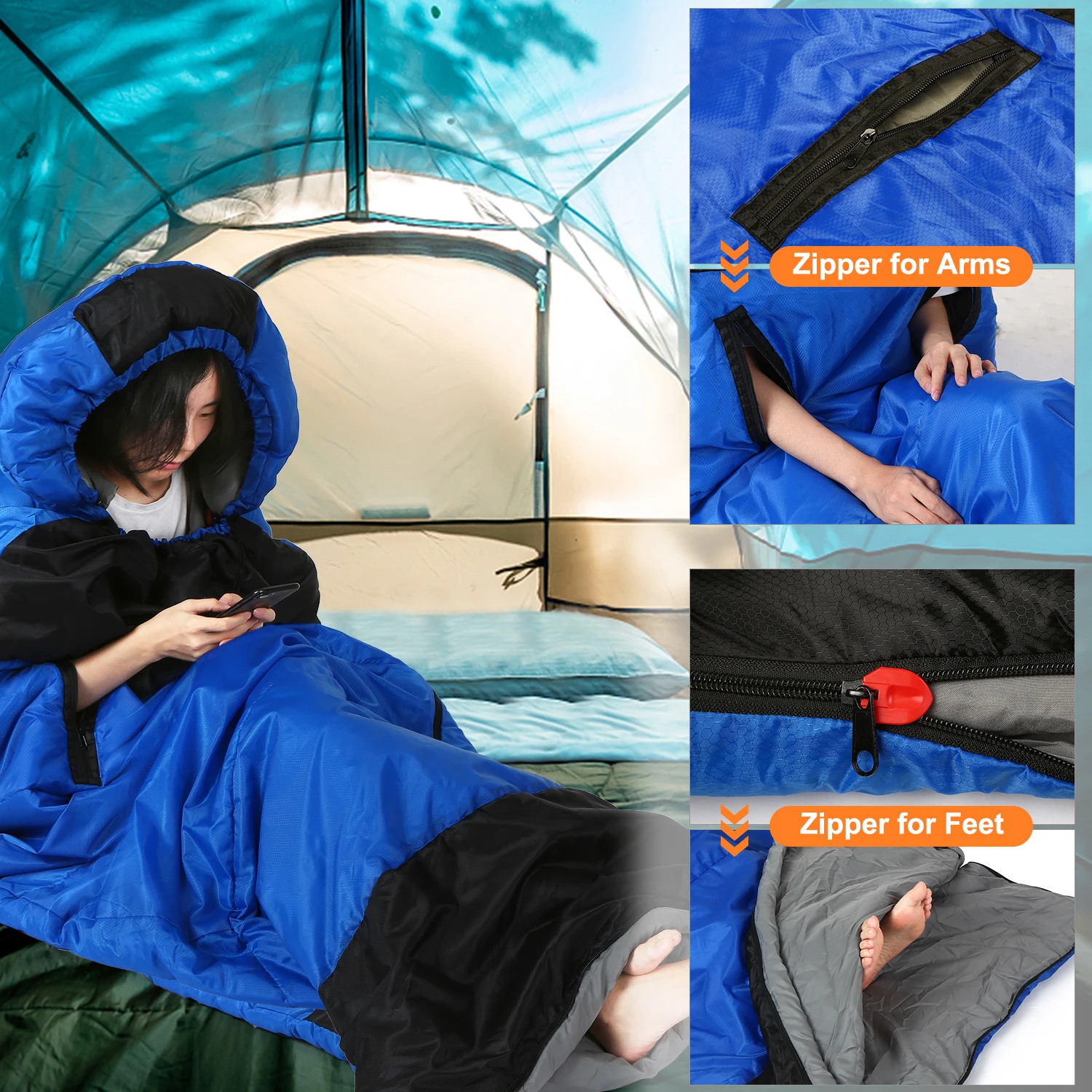 

Lixada Envelope Sleeping Bag with Zippered Holes for Arms and Feet Outdoor Camping Equipment Hiking Backpacking Traveling