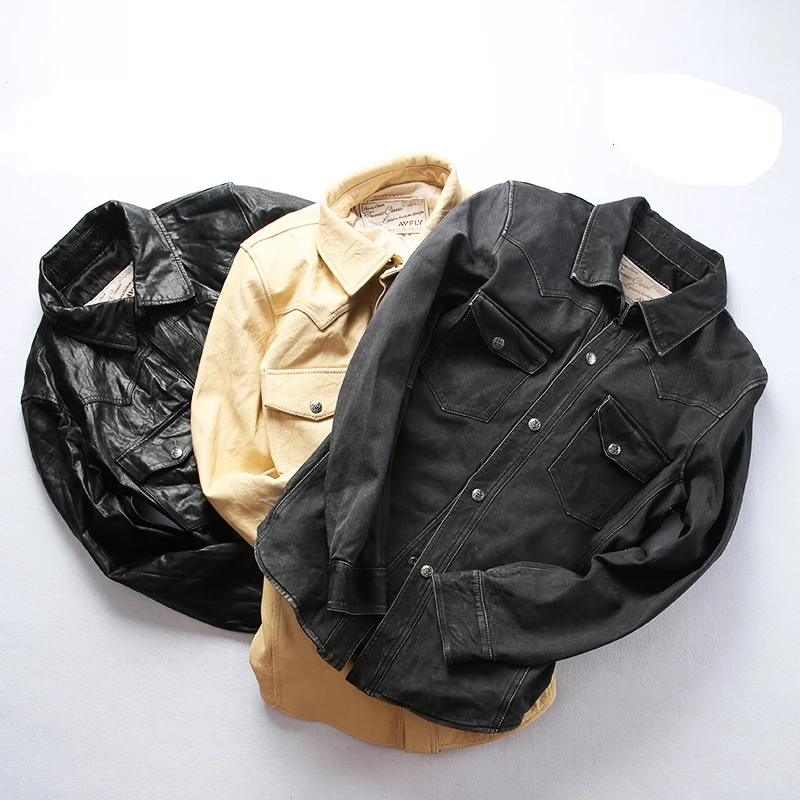 Мужская приталенная рубашка AVFLY черная из натуральной кожи мягкой овчины со