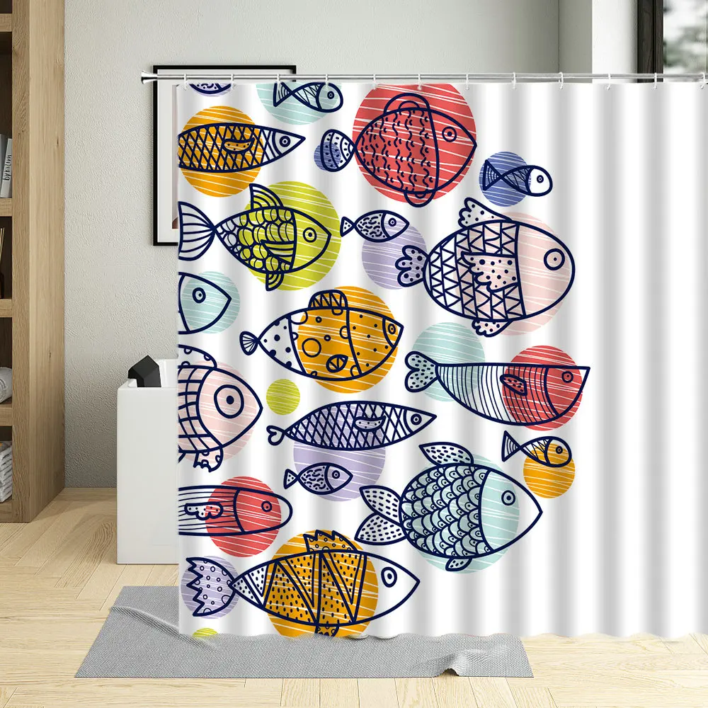 Colorful Cartoons Sea Animals Illustration Bathroom Curtain Fish Stick Figure Color Shower Curtains Home Decoration With Hooks