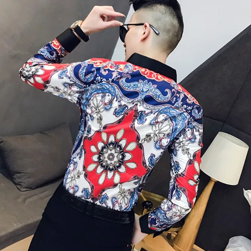 

Designer Retro Printing Shirt Men Long Sleeve Streetwear Formal Social Shirts Casual Slim Fit Shirts Men Dress Clothing Blouse