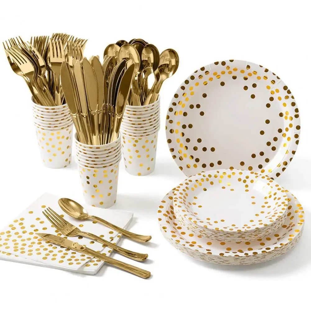 

Party Supplies Disposable Paper Tableware Serves Gold Dot Paper Plates Napkins Cup with Gold Plastic Cutlery for Bridal Weddings
