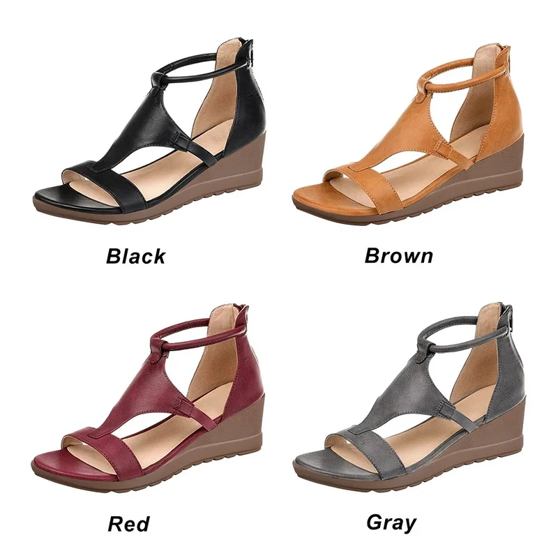 

LITTHING Women Leather Sandals Wedges Shoes Summer Casual Beach Shoes Rome Vintage slippers Ladies Gladiator Open Toe Platform