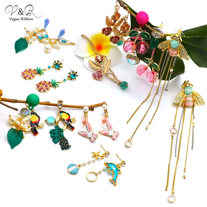 Серьги в виде животных эмаль птица и дельфин цветок жемчуг ананас фрукты божья