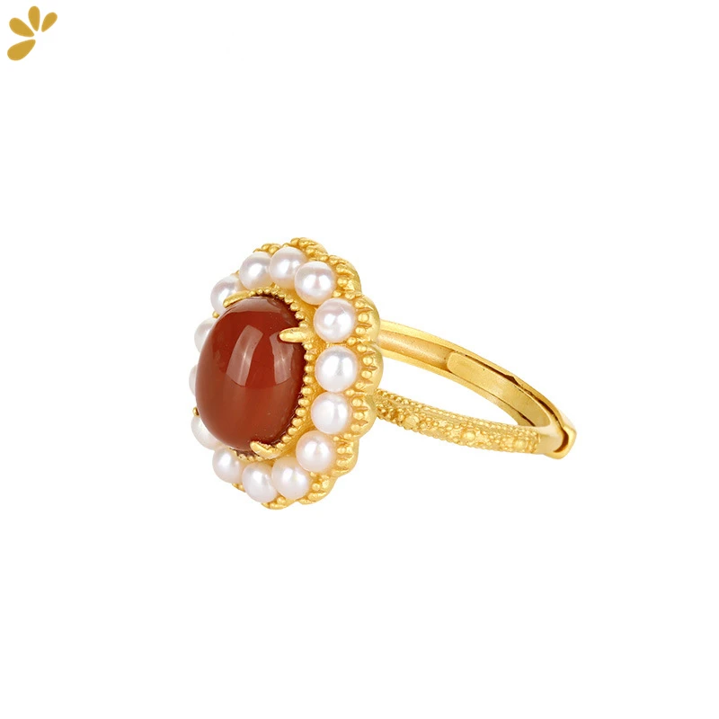 

925 Sterling Silver Goldplated Agate Pearl Women's Ring Natural Gemstone Resizable Rings Fine Jewelry Luxurious Trendy Gift