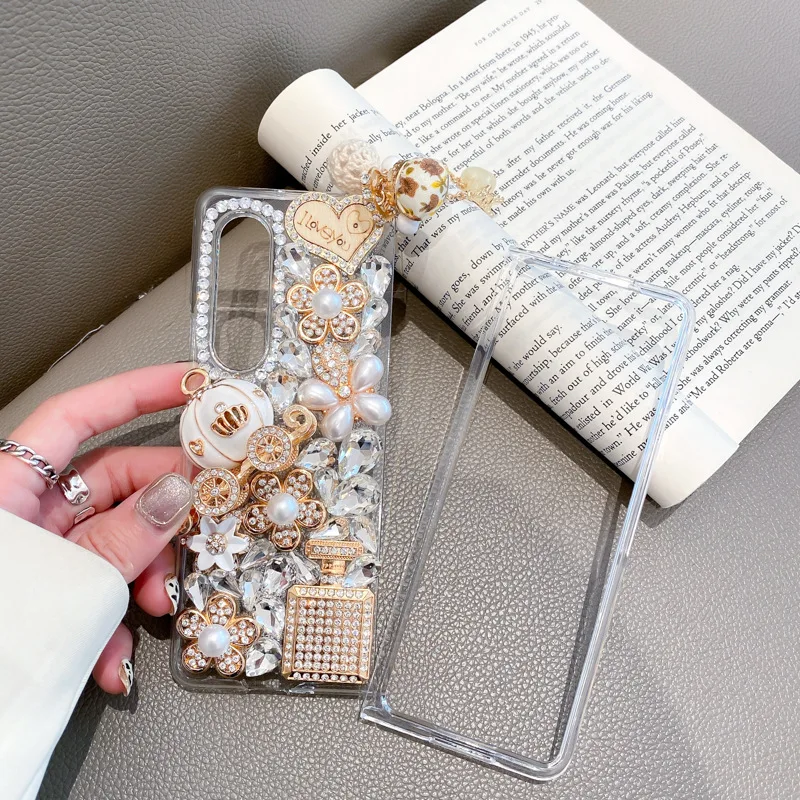 

Pumpkin Car Mobile Phone Case for Samsung fold3 Luxury Full Diamond Love Pendant Fold2 Perfume Bottle Protective Cover