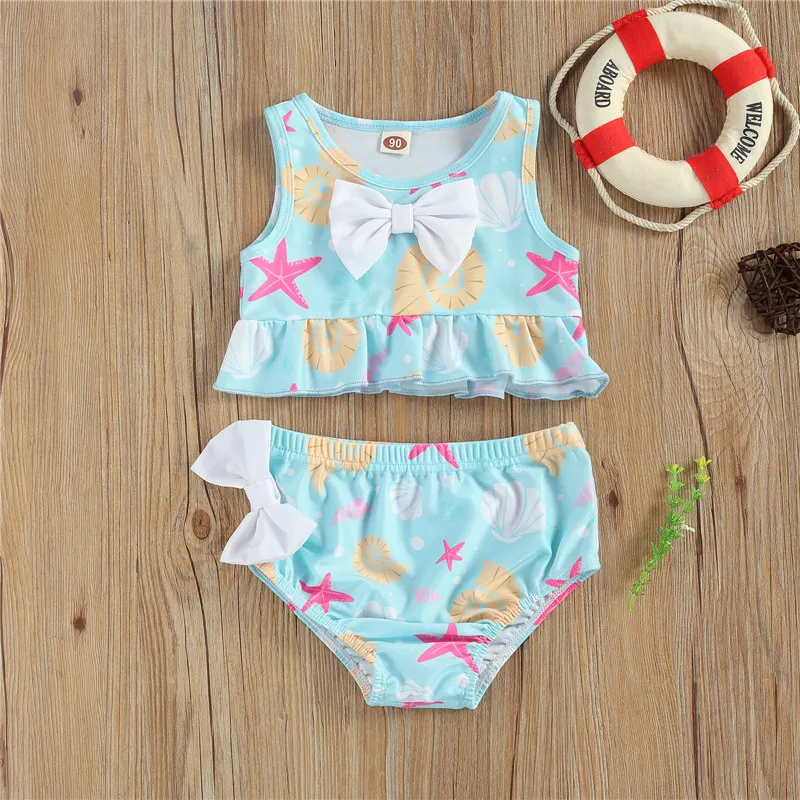 

6M-4T Baby Girl 2 Pcs Bathing Suits, Fashion Cartoon Print Sleeveless Round Neck Ruffle Bowknot Bikini Top Swimming Bottoms