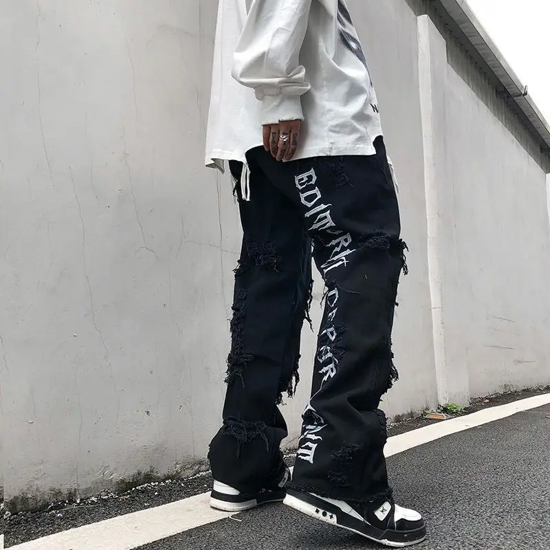 

Baggy Jeans Male High Street American Trend Raw Edge Ripped Pants Couples Hip-hop Loose Embroidery Washed Mid-waist Trousers