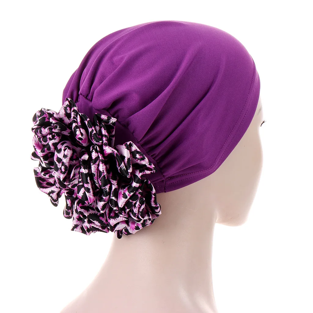 

New Stretchy Satin Flower Turban Bonnet For Women Muslim Under Hijab Caps Solid Color Islamic Inner Hijabs Headwrap Chemo Cap