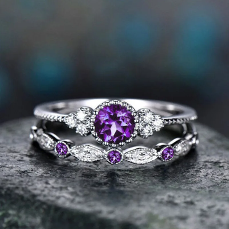 Purple 925 Silver Color Women Wedding Ring Set Sparkling Perfect Blue Round Cut Zircon Stone Rings Female Party Engagement Fine Jewelry - Main Stone Color: Purple