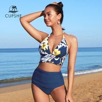 cupshe navy and floral halter high waisted bikini sets swimsuit for women sexy tank two pieces swimwear 2021 beach bathing suit