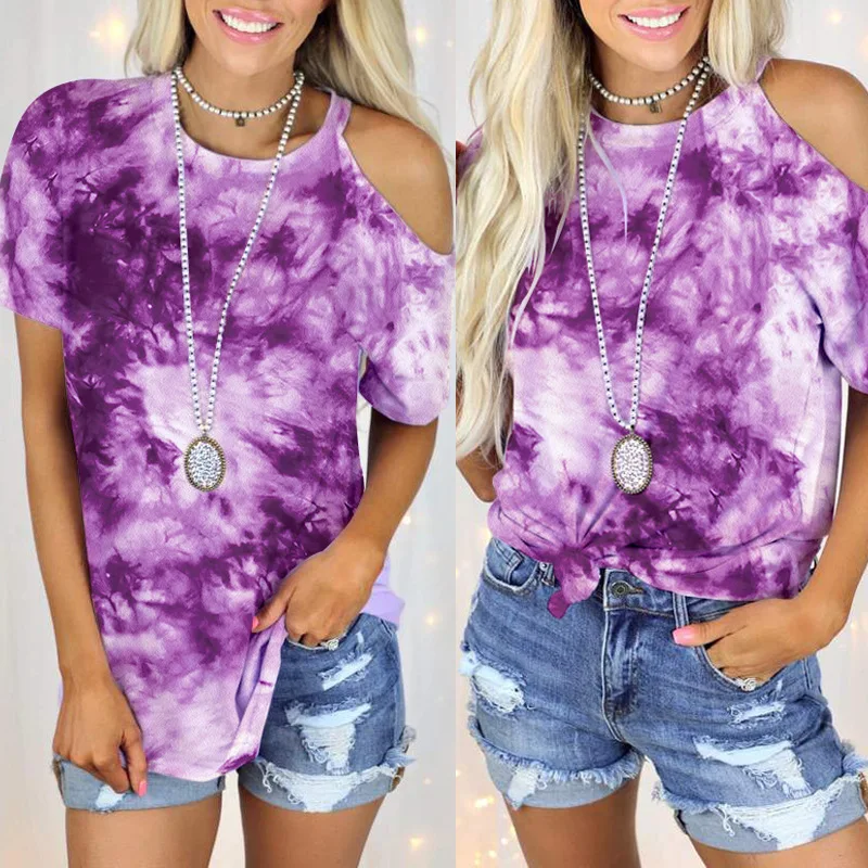 

Tie Dye Print T Shirt 2021 Women Tee Summer Tops Sexy Female Off One Shoulder T Shirts Street Loose Short-sleeve Casual T-shirt