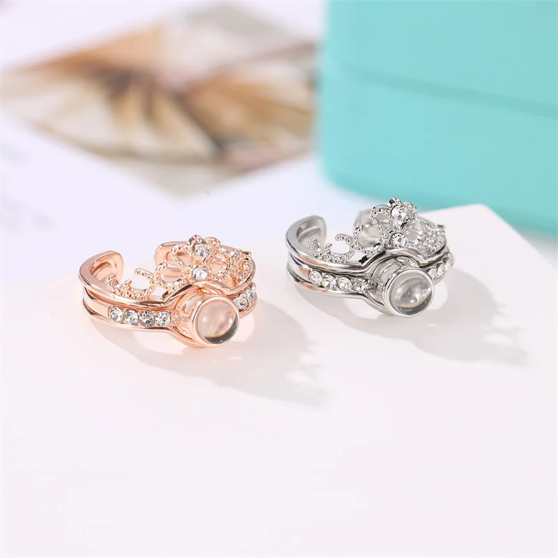 Rose Gold&Silver 100 languages I love you Projection Ring Opening Adjusting Ring Romantic Love Wedding Ring Jewelry