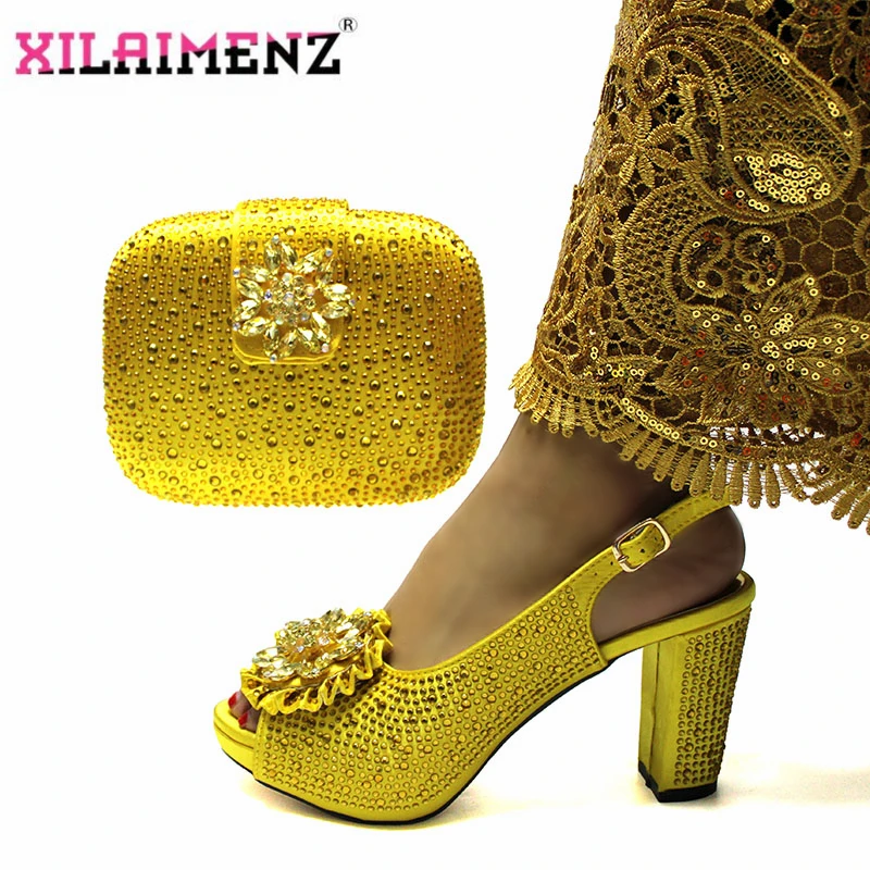 Желтый цвет новый дизайн итальянский стиль Женский комплект из обуви и сумки на