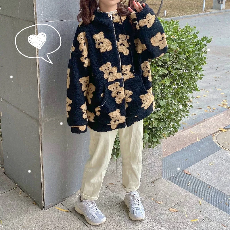 Cute Zipper Women Hoodies 2022 Winter Faux Fur Loose Kawaii Girl Bear Graphic Soft Teddy Coat Korea Thickened Warm Pocket Jacket