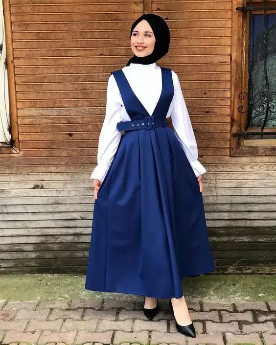 

Muslim High Waist A-line Skirts Women Overall Two Shoulder Strap Suspender Skirt Slim Maxi Pleated Vestidos Islamic Clothing