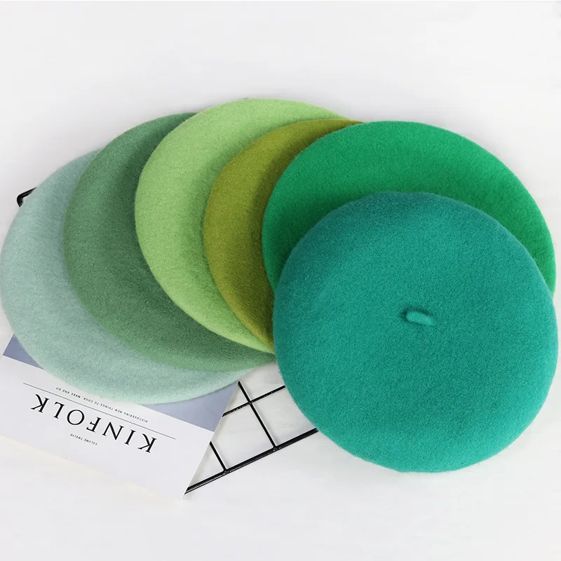 

2021 Women's Green Color Wool Beret Hat Ladies French Artist Beanie Beret Hats Winter Spring Casual Wool Berets for Women Caps