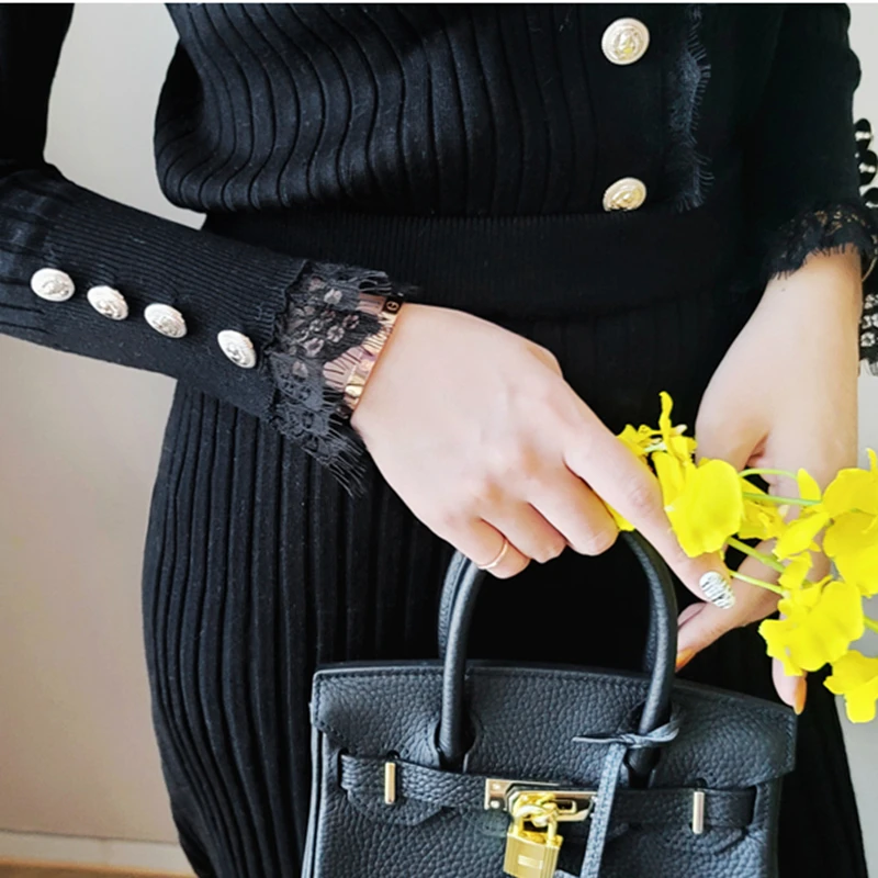 

Women 2 Piece Set Korean Style V-Neck Long Sleeve Slim Knitted Top + High Waist Patchwork Lace Sweater Dress Suits Spring New